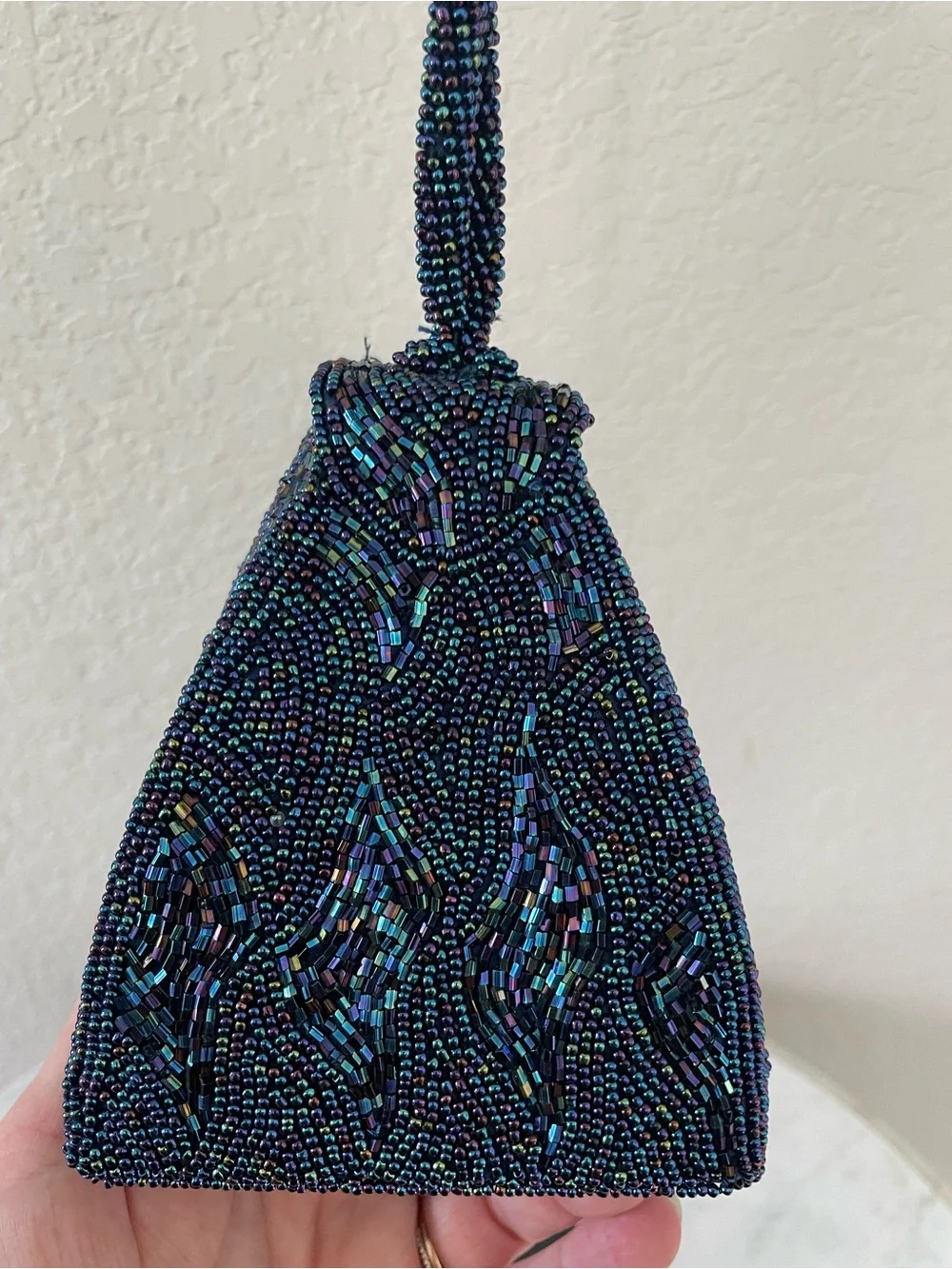 Vintage Hand Beaded Navy Peacock Iridescent Evening Bag Wristlet La Regale Style